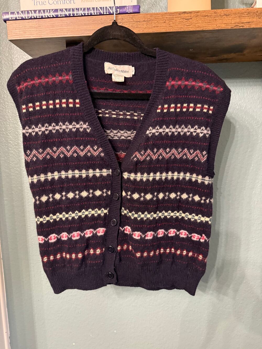 Vintage 80s 90s JH Collectibles Lambswool Sweater Vest Geometric Knit L Fall